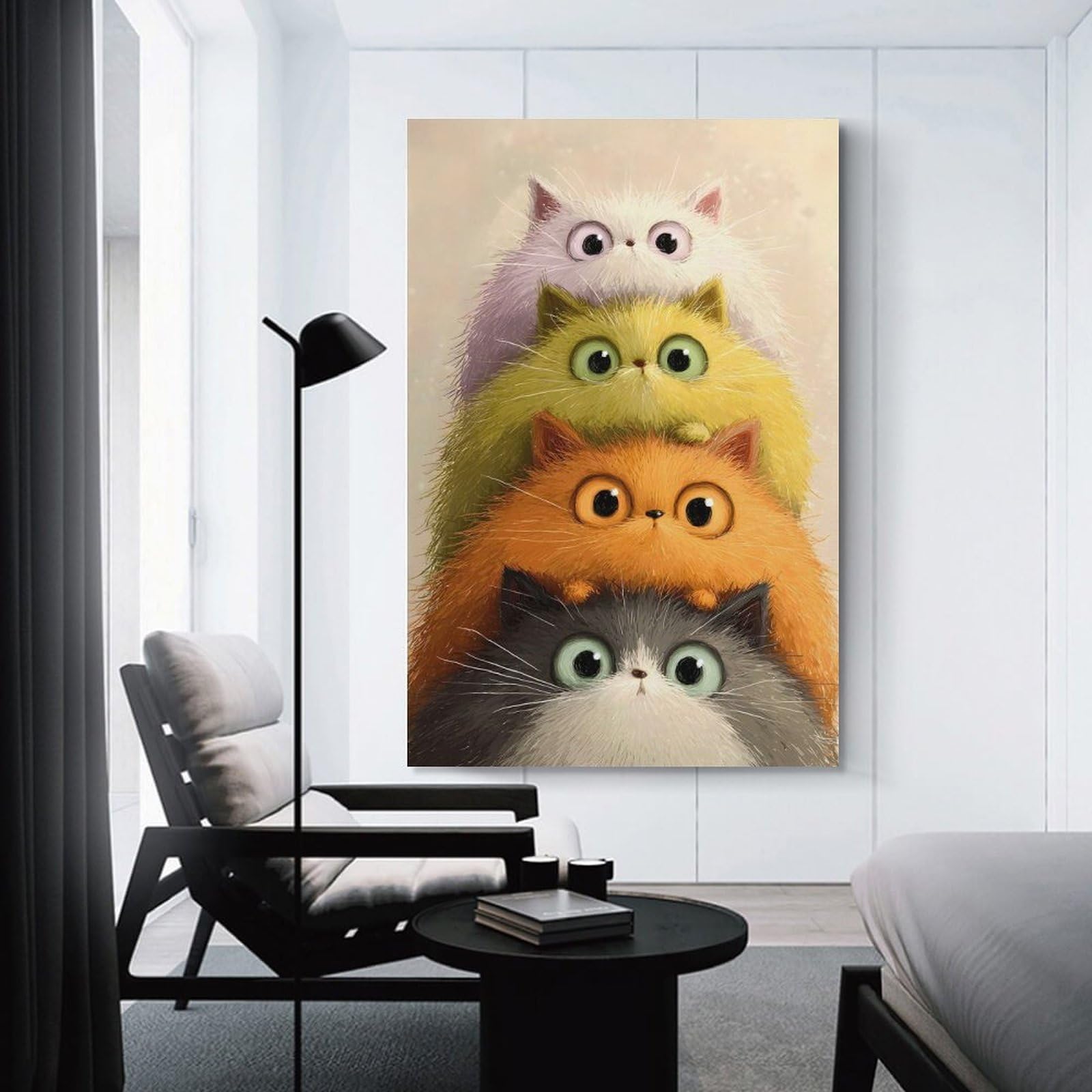 Junmoney Stacked Fluffy Cats Digital Art Hanging Wall Art, 08x12inch(20x30cm), for New Homes, Bedrooms Or Workspaces, Thoughtful Wall Decor for Art Lovers