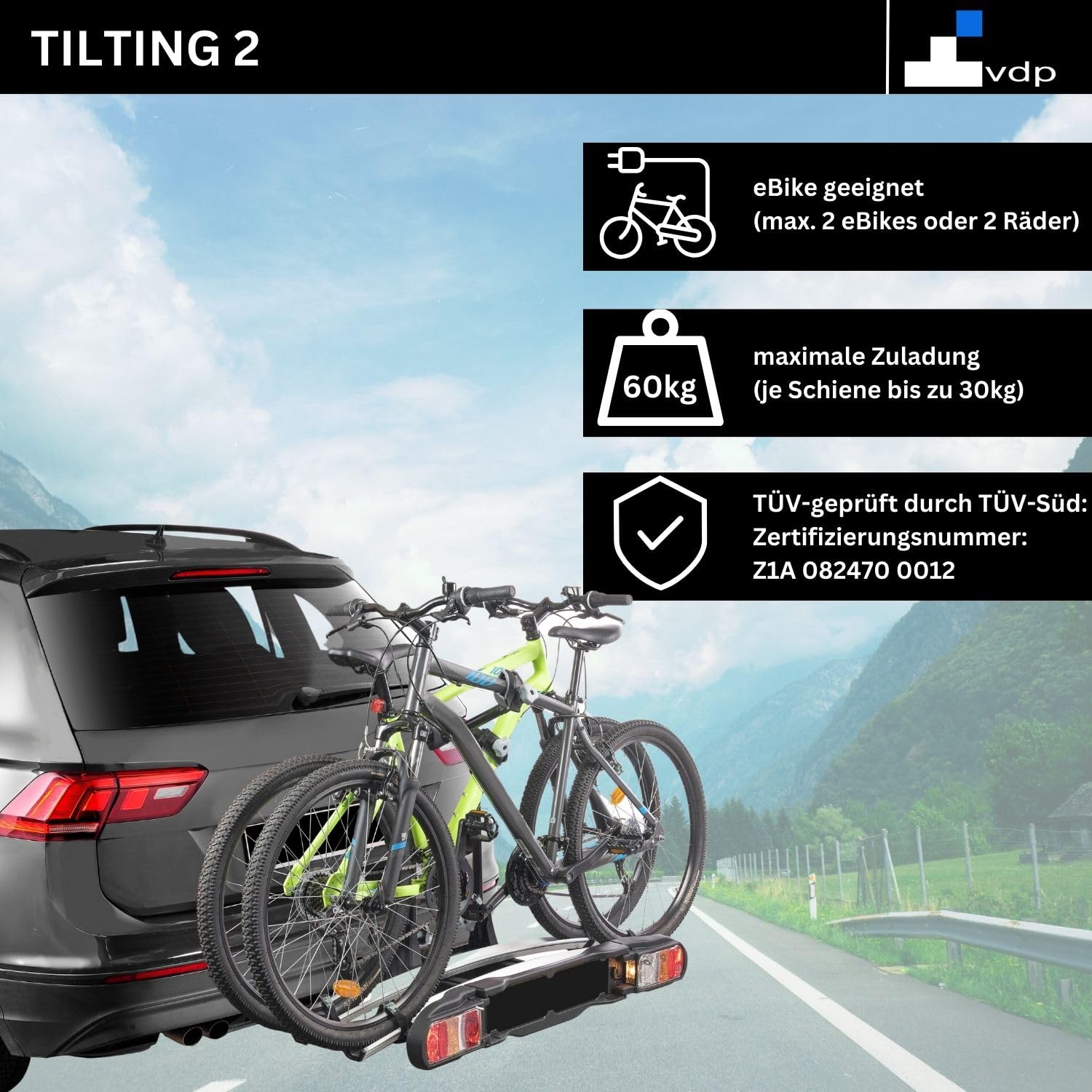 VDP eBike Fahrradträger für Anhängerkupplung Fahrrad Heckträger Radträger - Tilting 2 - Fahrradträger e-Bike für 2 Fahrräder - 60kg Zuladung - am Fahrzeug klappbar - TÜV