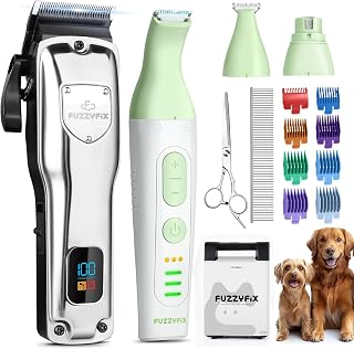 FuzzyFix Dog Grooming Kit: Low-Noise Clippers for Thick Curly Coats, Professional Paw Trimmer, Nail Grinder for Dogs & Cats