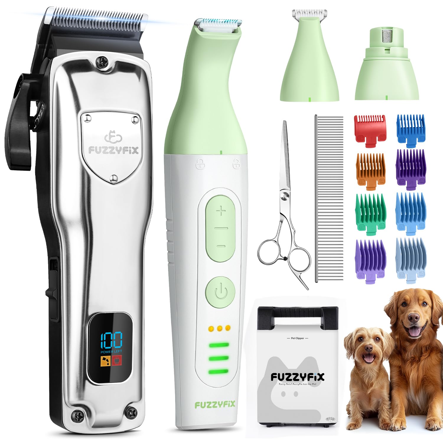FuzzyFix Dog Grooming Kit, Dog Clippers for Grooming for Thick Heavy Curly Coats, Professional Pet Paw Trimmer with Nail Grinder Low Noise Rechargeable Stainless Steel Hair Trimmer for Dogs Cats