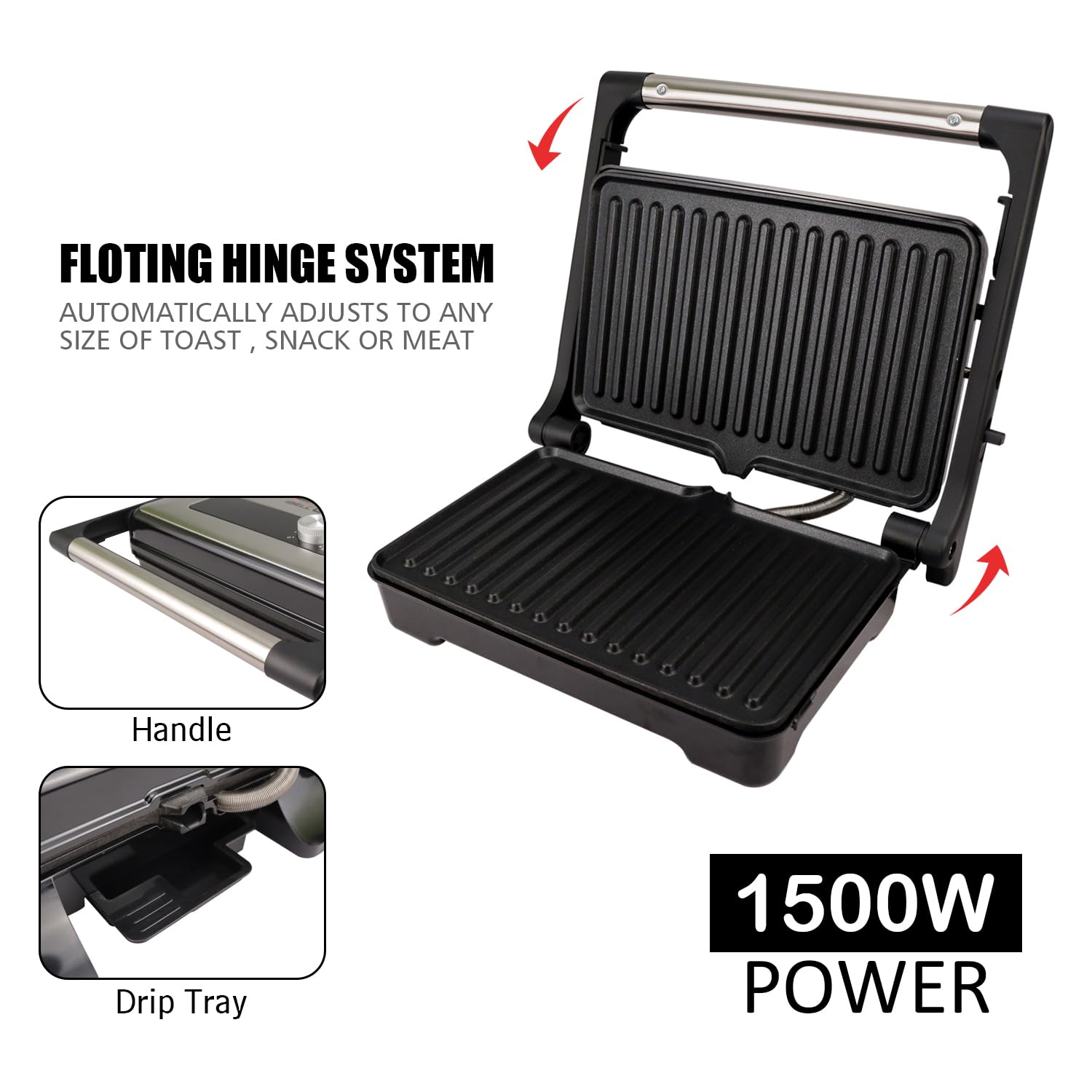 iBELL SM1700G Sandwich Maker with Floating Hinges, 1500Watt, 180 Degree Openable Plates for Grill/Toast, Temperature Control Knob (Black) 1