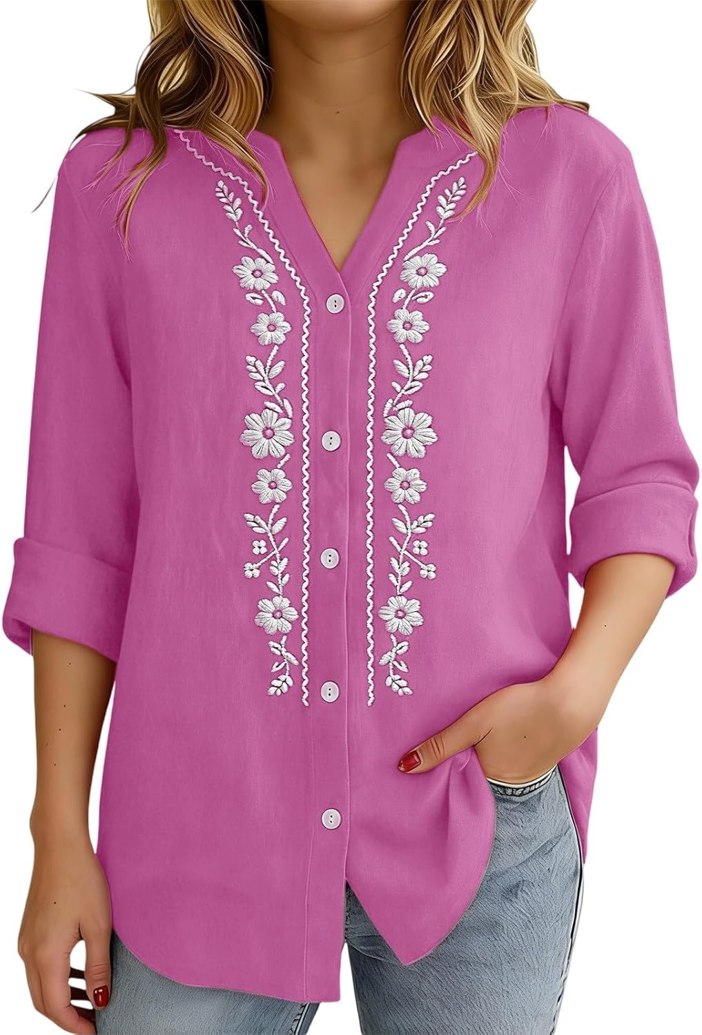 Linen Shirts for Women - Summer Plus Size Embroidered Tops 3/4 Sleeve V Neck Button Blouses Beach Vacation Clothes - Image 4