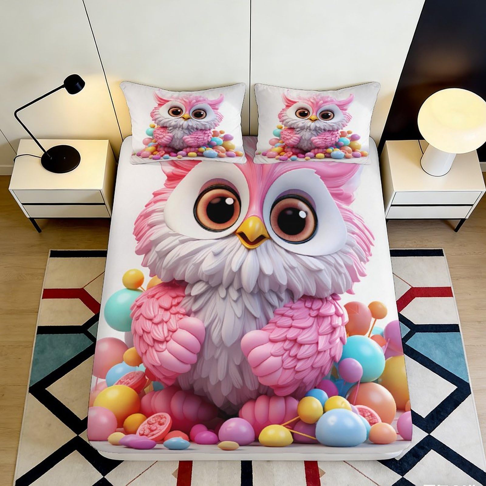 3D Printed Pink Owl Fitted Sheet Microfiber Soft Breathable Cartoon Bird Bed Sheet for Bedroom Dormitory Guest Room Mattress Protection Decor 160x200x25cm