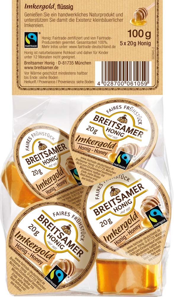 Breitsamer Imkergold Fairtrade Blütenhonig flüssig Frühstücks-Portionen 5 x 20g Beutel im 18er Pack (18 x 5 x 20 g, insgesamt 1800 g)