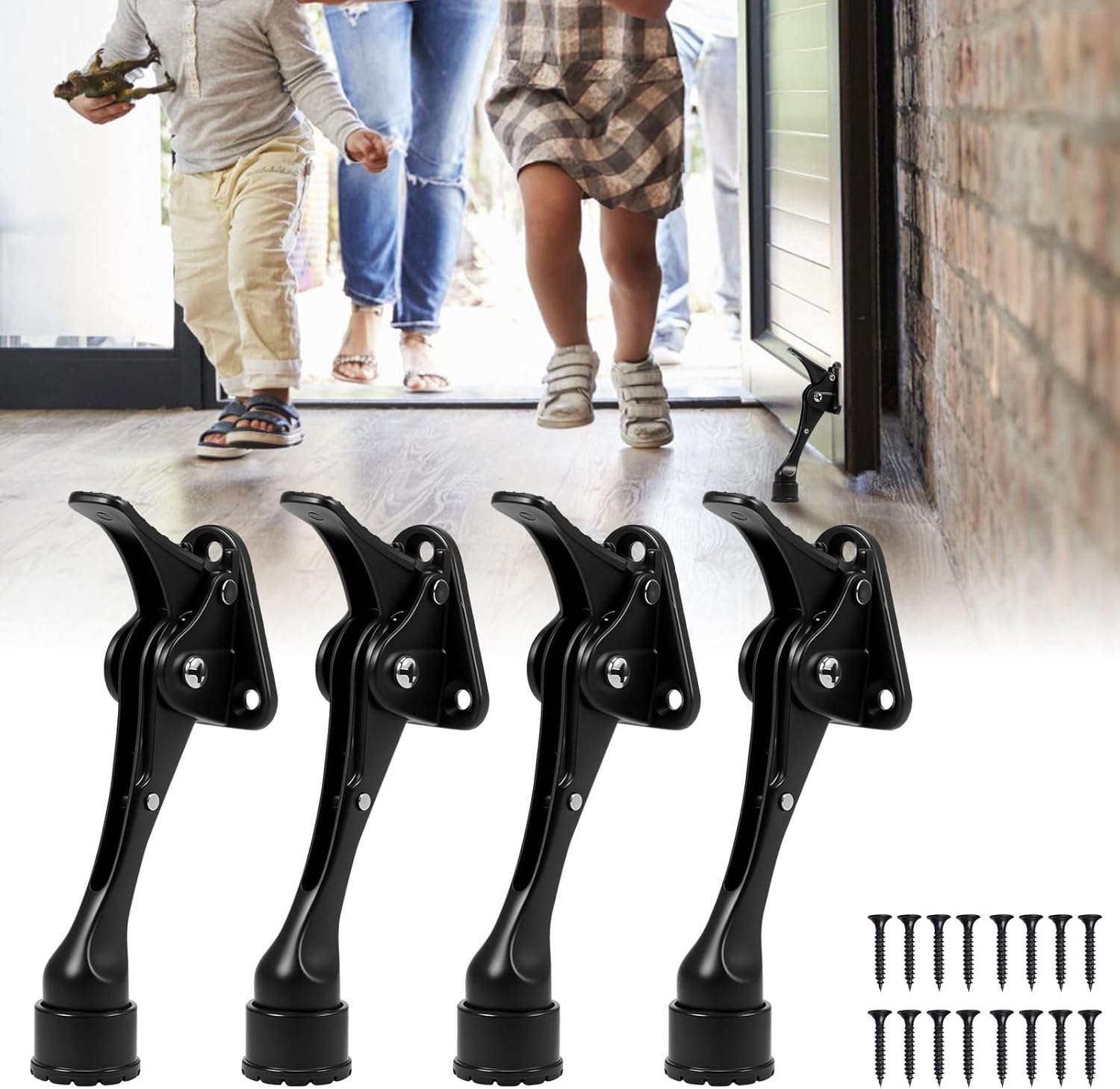 4 Pcs Kickdown Door Stoppers,Height Adjustable Kick Down Door Stop with Rubber Tip,Rubber Door Stop,Zinc Alloy Door Kick Stand,Heavy Duty Door Stops for Carpet Wood Concrete and Tile Floor