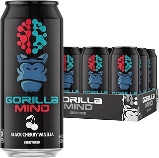 Gorilla Mind Energy Drink | Unmatched Energy · Amplified Focus | N-Acetyl-L-Tyrosine, Alpha-GPC, 200mg Caffeine, Uridine, Saffron | 0 Sugar Or Artificial Colors | 16oz, 12-Pack (Black Cherry Vanilla)