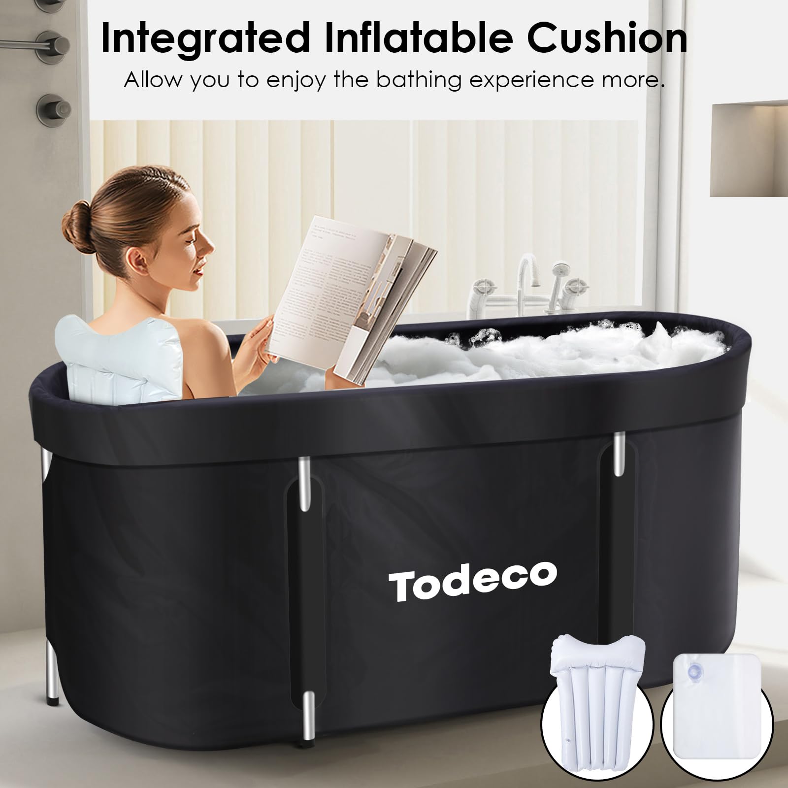 Todeco Bañera plegable para adultos - Portátil con marco de metal 140x57x57cm, gran familia SPA, bañera de spa móvil para ducha, baño caliente, baño de hielo - Negro