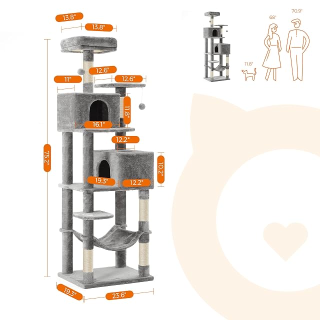 Foto 6 de 8 de Feandrea Árbol para gatos, torre para gatos de 191 cm de alto con postes rascadores, hamaca, cuevas para gatos