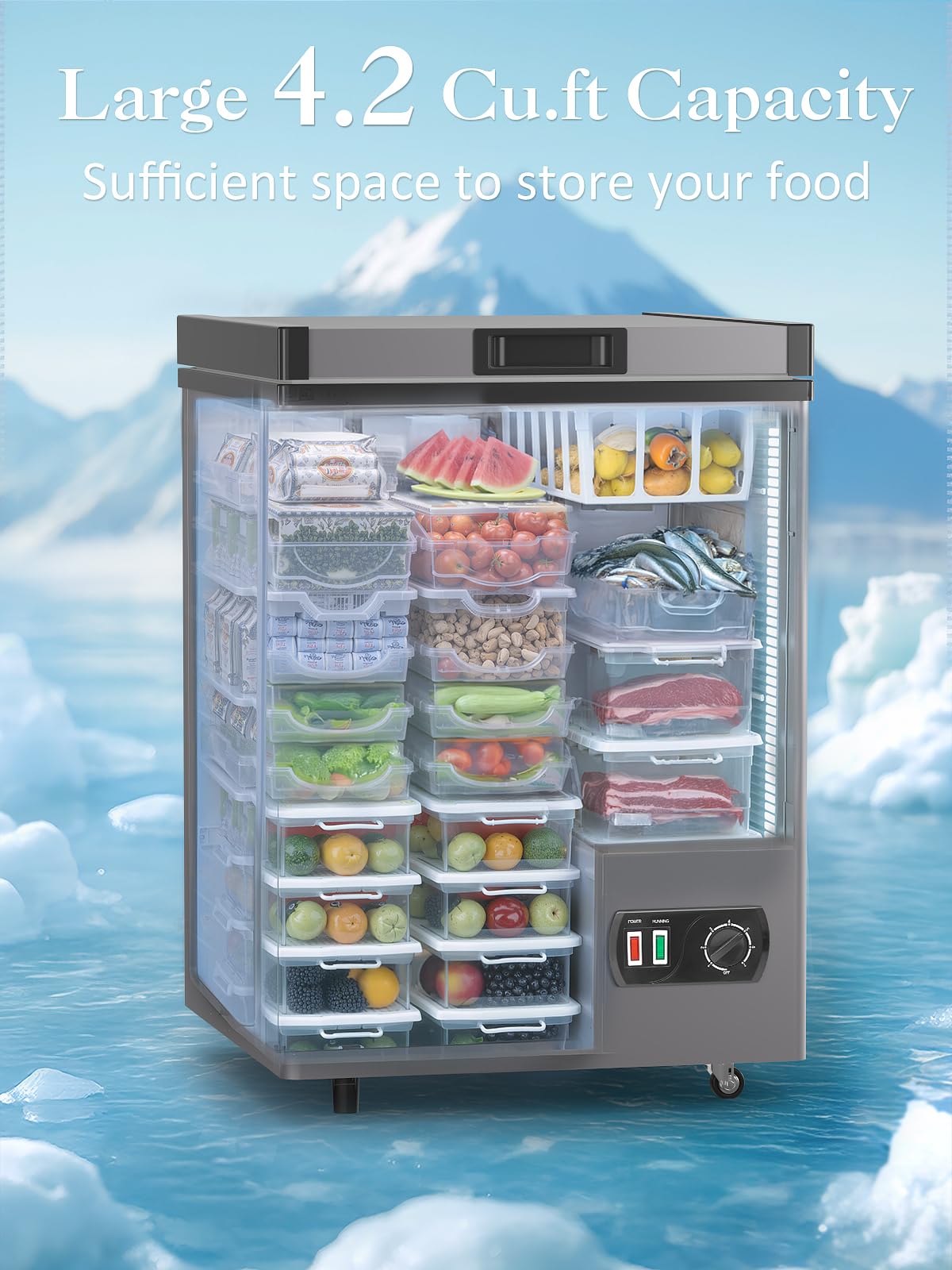 3.5 Cu.Ft Small Chest Freezer With Removable Storage Basket, 7 Adjustable Temperature Controls, Mini Deep Freezer With Top Open Door, Ideal For Kitchen Garage Office Dorm Apartment, Grey on Fridge.com - View 3