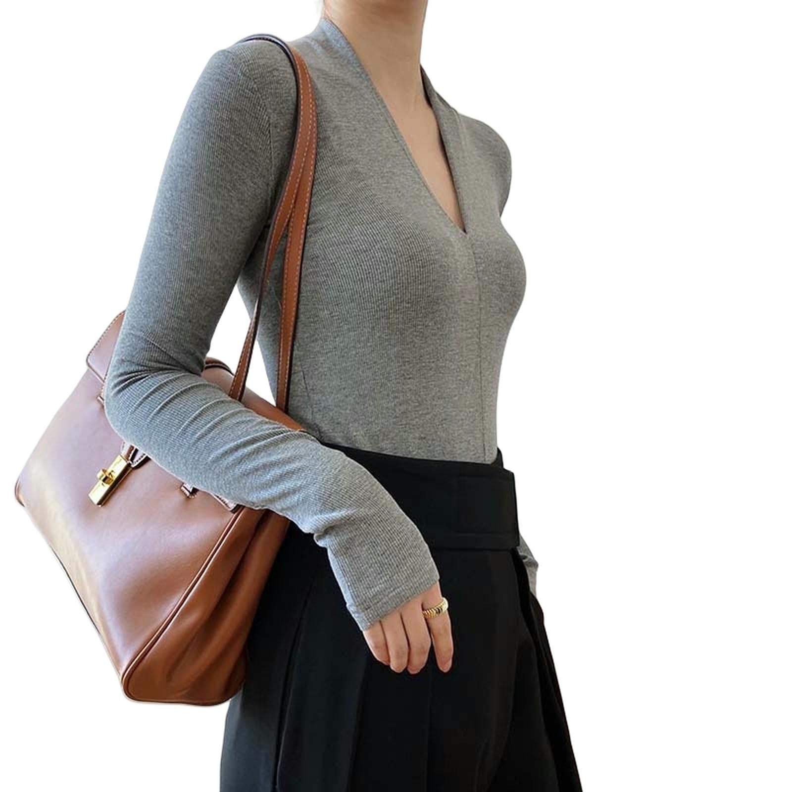 Maglietta A Maniche Lunghe Maglietta A Maniche Lunghe con Scollo A V Primaverile da Donna, Intimo da Pendolare alla Moda Slim da Donna-Grigio-m