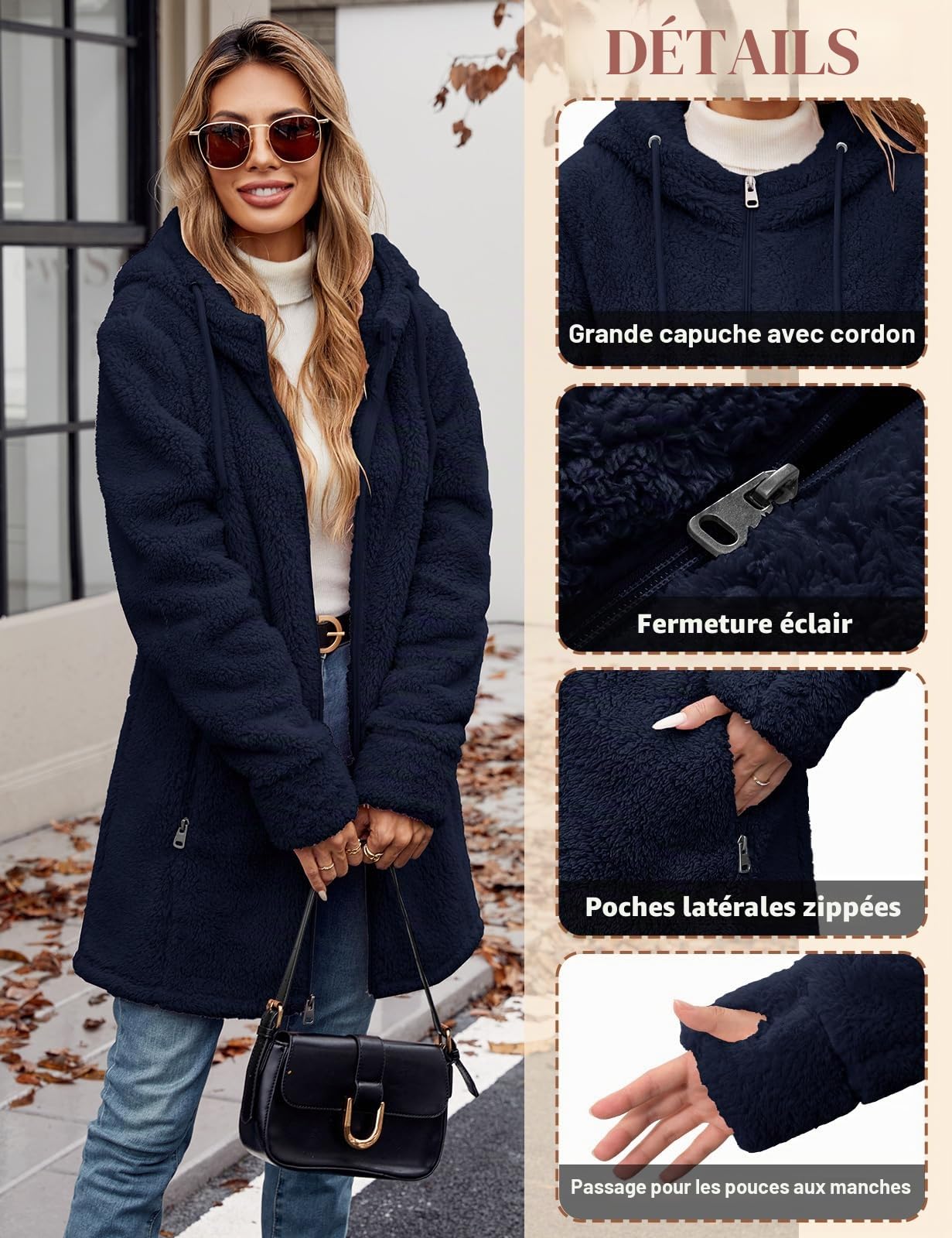 Veste Polaire Femme Hiver Chaud Sweat à Capuche Zippé Manteau Doublure Blouson Manteaux à Capuche Manche Longue Slim Fit Jacket Automne Casual Outwear avec Poches