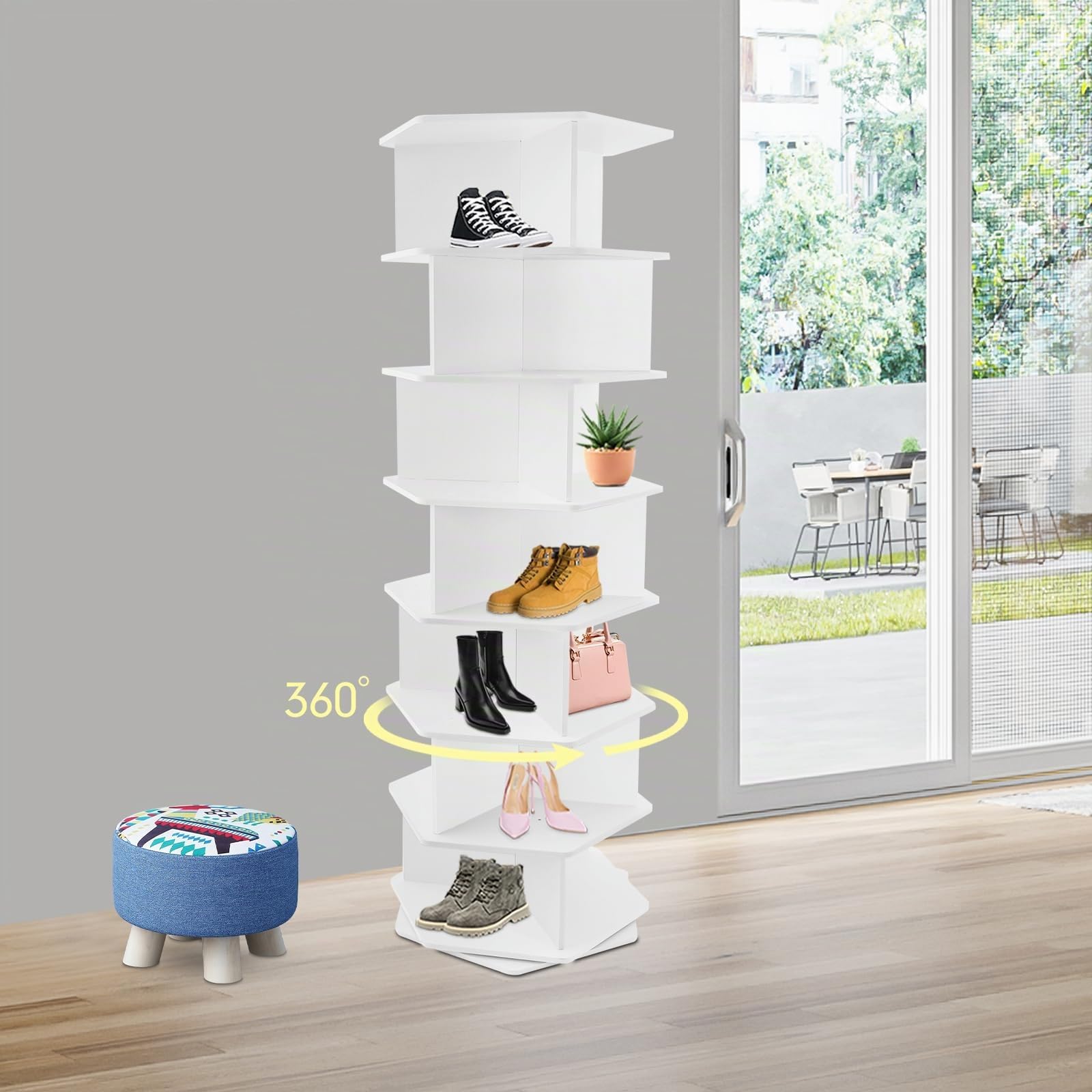 7 Stufen Rotierendes Schuhregal Weiß PVC 360 Grad Drehbar Höhe 165.5cm 30x30cm Grundfläche 21 Fächer Starke 50kg Tragkraft Freistehend Für Eingang Wohnzimmer Flur Garderobe Haushalt