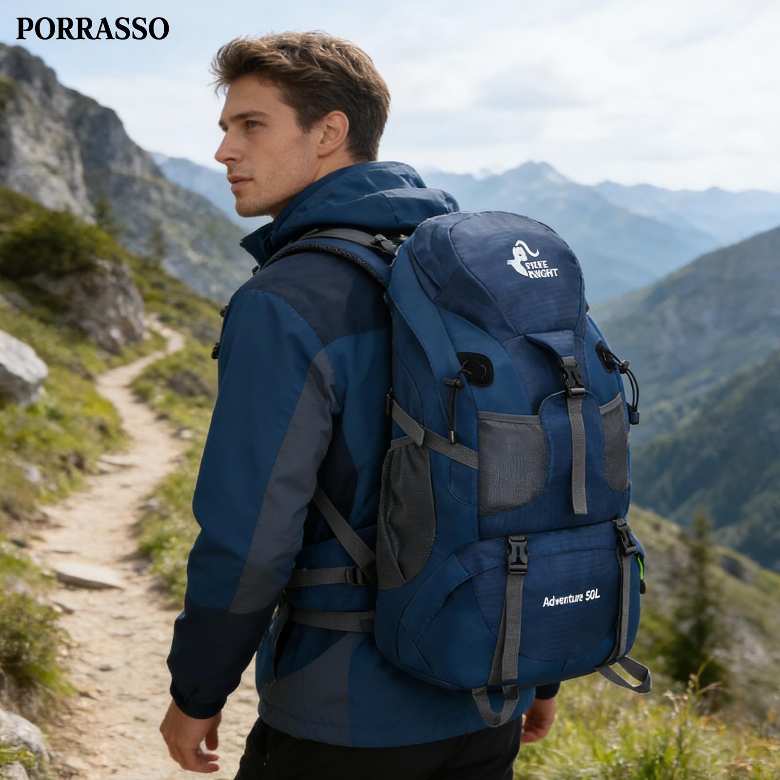 50L Zaino da Trekking Zaino Grande Impermeabile Zaini Poliestere Donna Uomo Backpack per Escursionismo Campeggio Arrampicata Viaggio Blu Marino