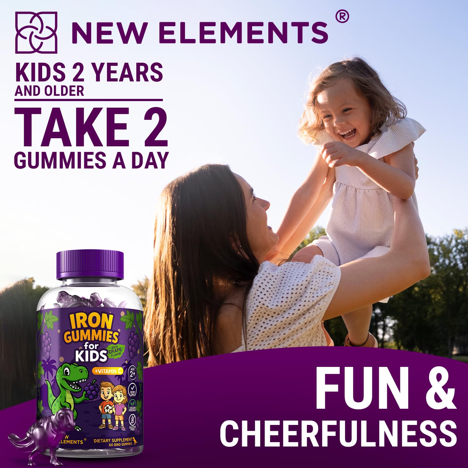 New Elements Iron Dinosaur Gummies for Kids with Vitamin C | Sugar-Free, Vegan, Gluten-Free & Non-GMO | Anemia Relief, Energy & Blood Health Support | Grape Flavor, Pectin-Based for Optimal Health — Amazon image 7