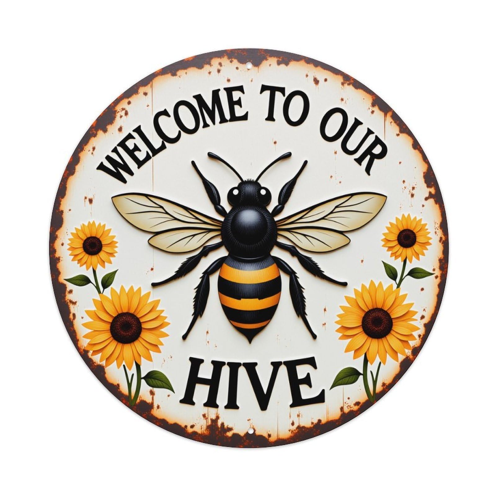 Bee Sunflower Welcome Hive Sign Round Tin Sign Vintage Style Metal Sign Home Bar Garden Wall Plaque Decor Metal Poster 8x8 Inch