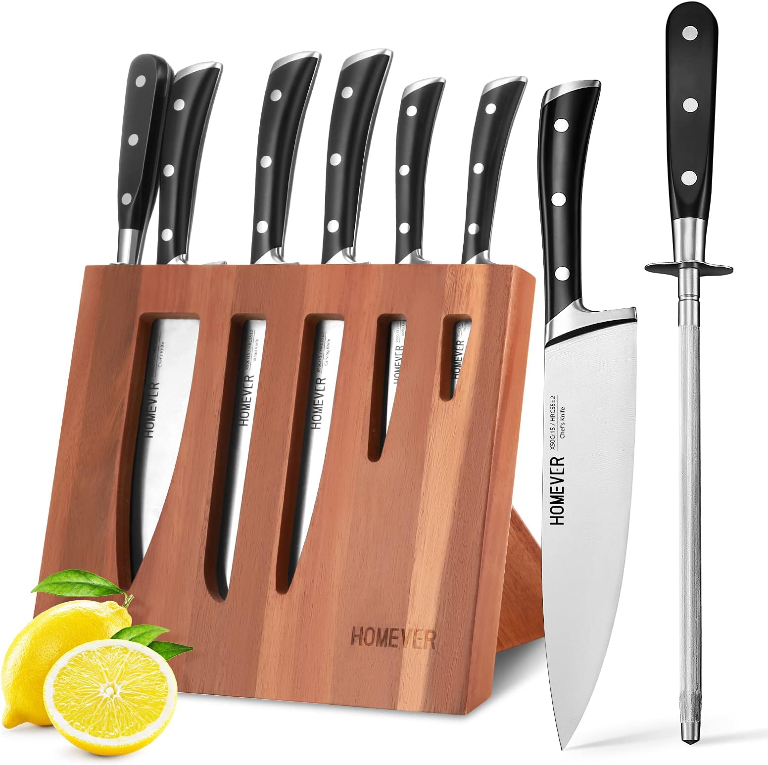 7-Piece Knife Sets for Kitchen with Block, HOMEVER Chef Knife Set High Carbon Stainless Steel Knives with Sharpener, Knife Block Set Super-Sharp Blade, Hollow Wooden Block, Dishwasher Safe