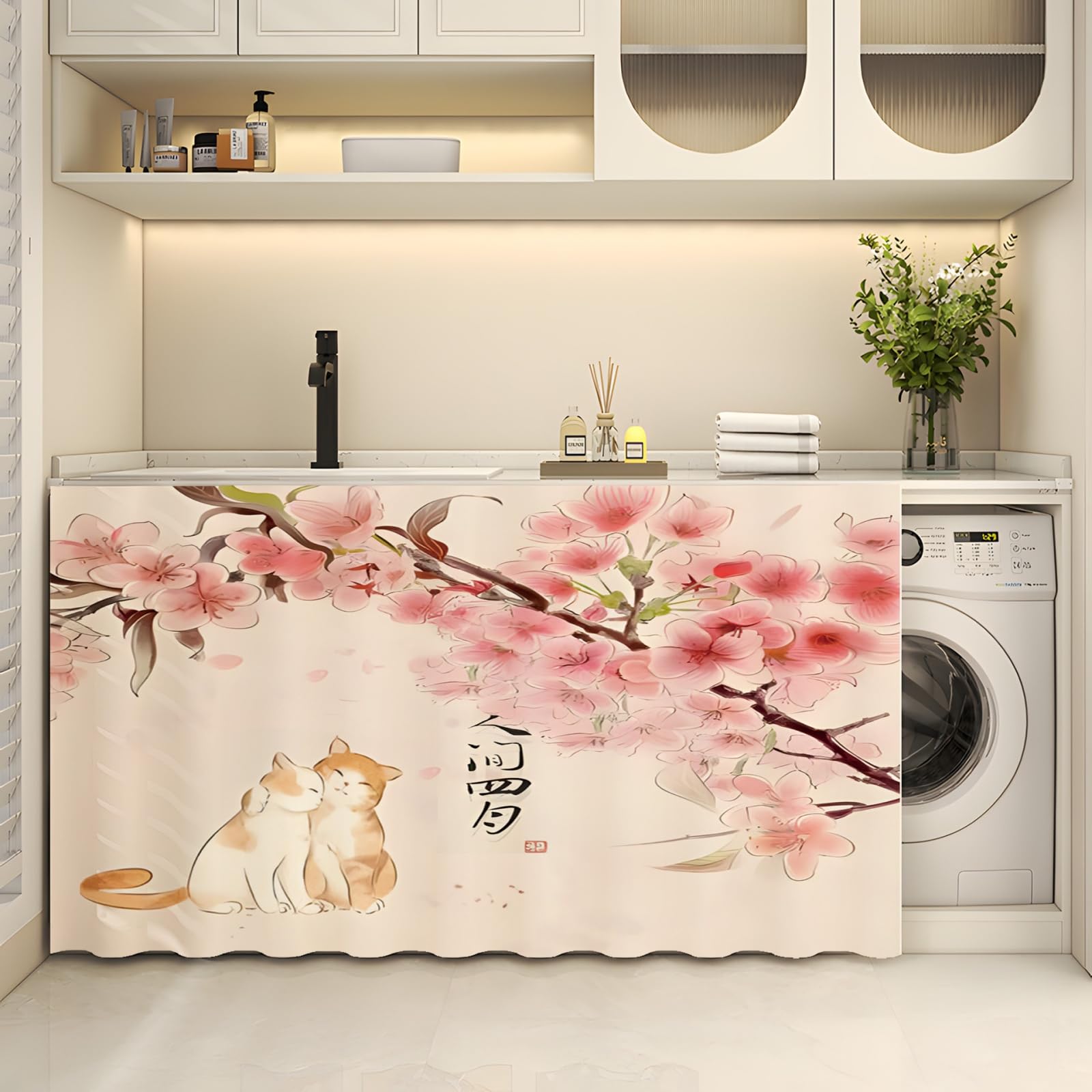 Fasbuy Cupboard Short Curtains Kitchen with Hook and Loop, Hide Away Small Curtains for Kitchen Cupboard Door - No Drilling Is Required for Under Sink, Bookcase, Bathroom (Country Cat2,H90xW70cm)