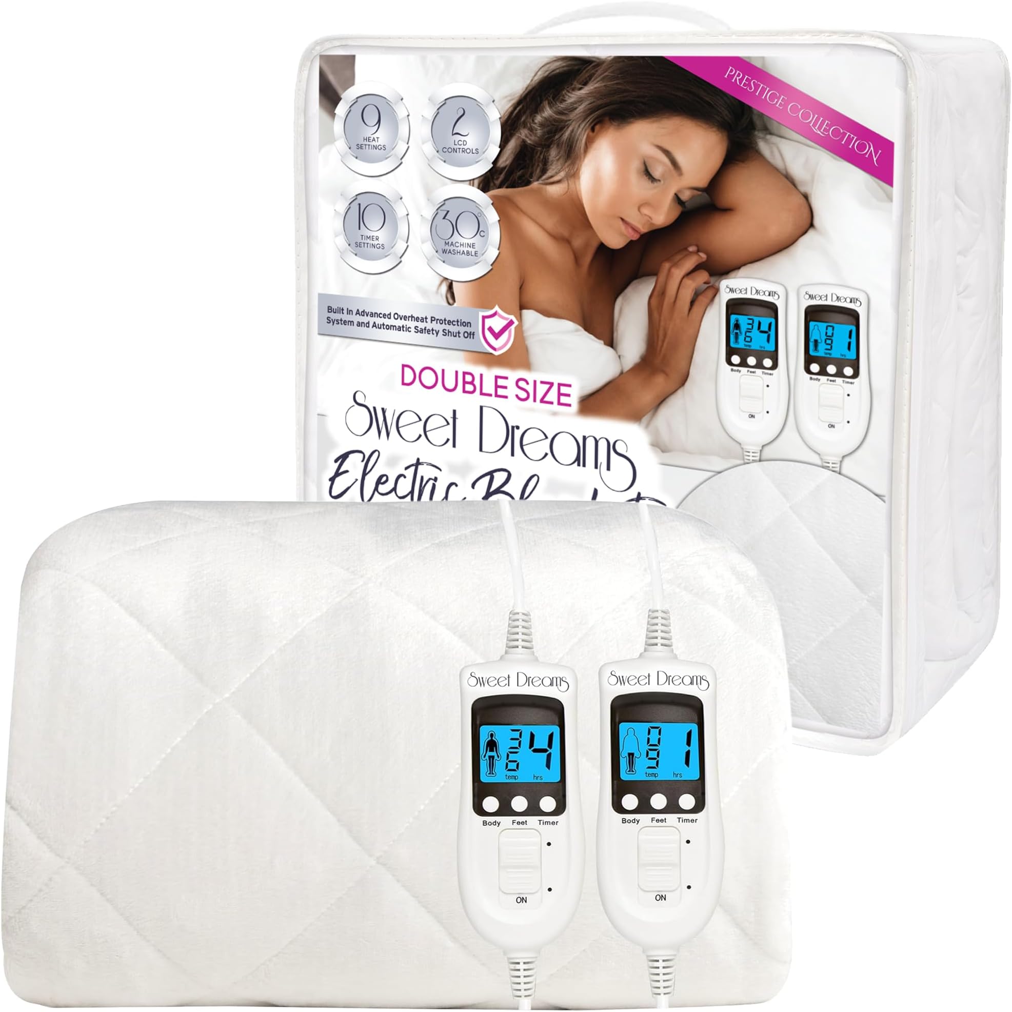 Sweet Dreams Electric Blanket Double Bed Size 193 x 137 x 40cm, Plush Fleece Quilted, Fitted, Washable, Heated Mattress Cover Underblanket, Dual Control, Prestige (Double)