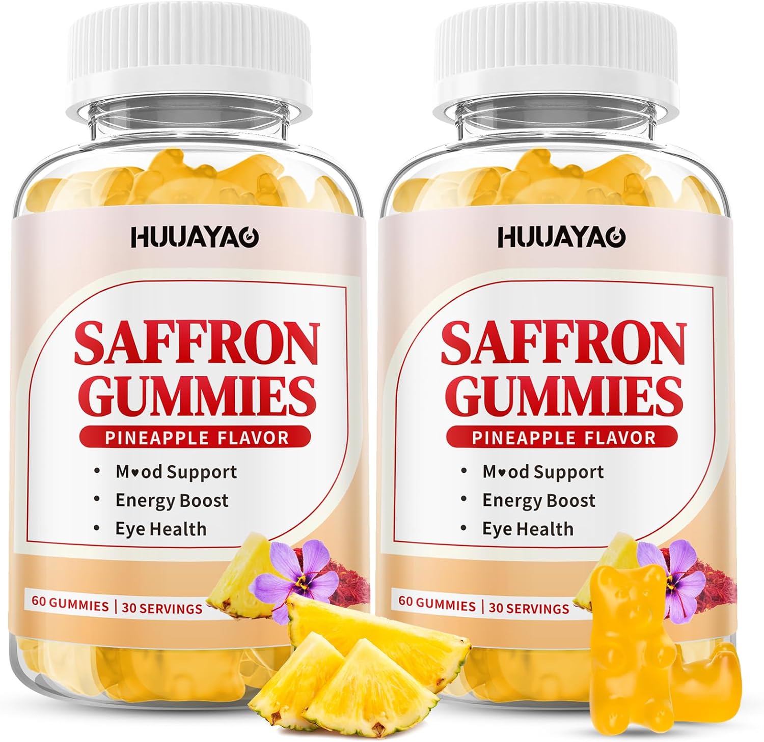 10-IN-1 Saffron Gummies, Sugar Free Saffron Supplements with Ashwagandha, L-Theanine, Rhodiola Rosea, Vitamin D3, B6, Magnesium & Zinc for Mood, Energy, Focus Support, Pineapple Flavor, 120 Count