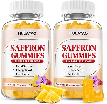 10-IN-1 Saffron Gummies, Sugar Free Saffron Supplements with Ashwagandha, L-Theanine, Rhodiola Rosea, Vitamin D3, B6, Magnesium & Zinc for Mood, Energy, Focus Support, Pineapple Flavor, 120 Count