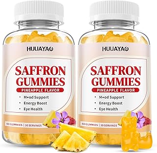 10-IN-1 Saffron Gummies, Sugar Free Saffron Supplements with Ashwagandha, L-Theanine, Rhodiola Rosea, Vitamin D3, B6, Magnesium & Zinc for Mood, Energy, Focus Support, Pineapple Flavor, 120 Count