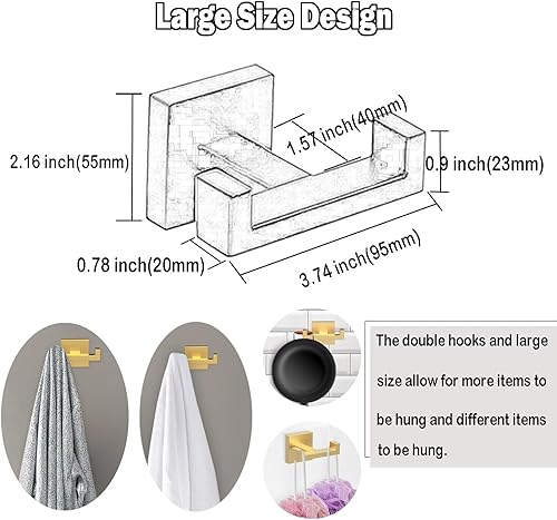 Miniatura 10 de BOZWELL Ganchos dobles para toallas para baño, montaje en pared de níquel castrado, estilo cuadrado simple y moderno, gancho para bata y abrigo,