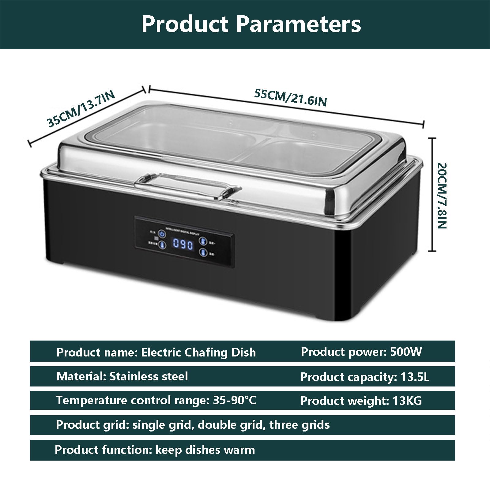 Scaldavivande Commerciale per Buffet, Tavolo Elettrico in Acciaio Inox per Alimenti A Vapore con Pannello Display Digitale per Mantenere Il Cibo Caldo (con 5 Clip per Alimenti),3-Grid