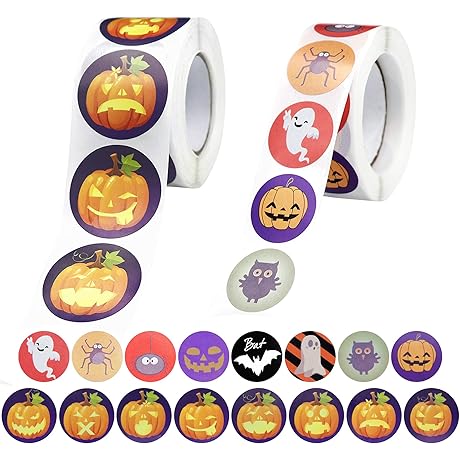 1000 Halloween Roll Stickers for Kids Adults - 16 Spooky Designs