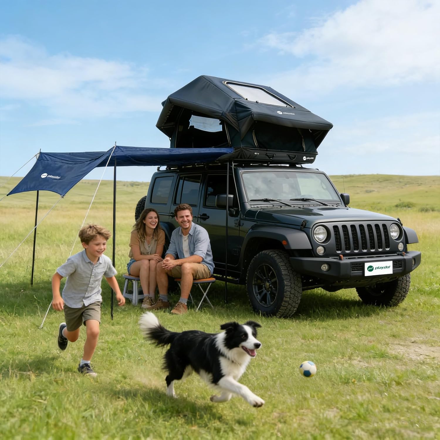TentHome Tente de Toit pour Voiture 2-3 Places Imperméable, Tente de Camping Faciles à Installer, Tente Gonflable en Coton et Polyester pour SUV Van Fourgon Camion (avec Auvent)