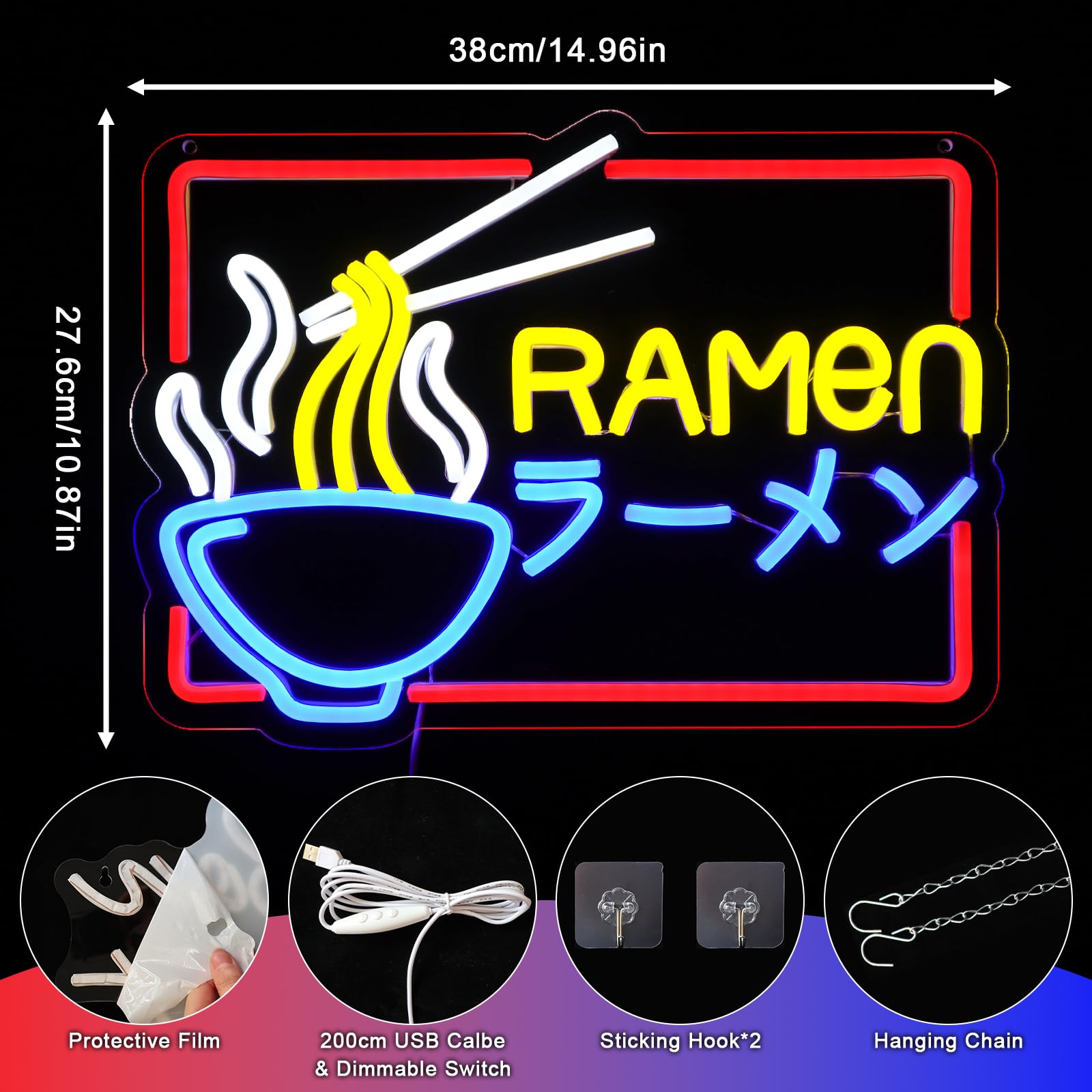 Ramen - Panneau néon LED coloré - Panneau lumineux japonais - Nouilles LED - Pour magasin, magasin, cuisine, salon, salle à manger, brunch, fête, art mural - Cadeaux d'intérieur