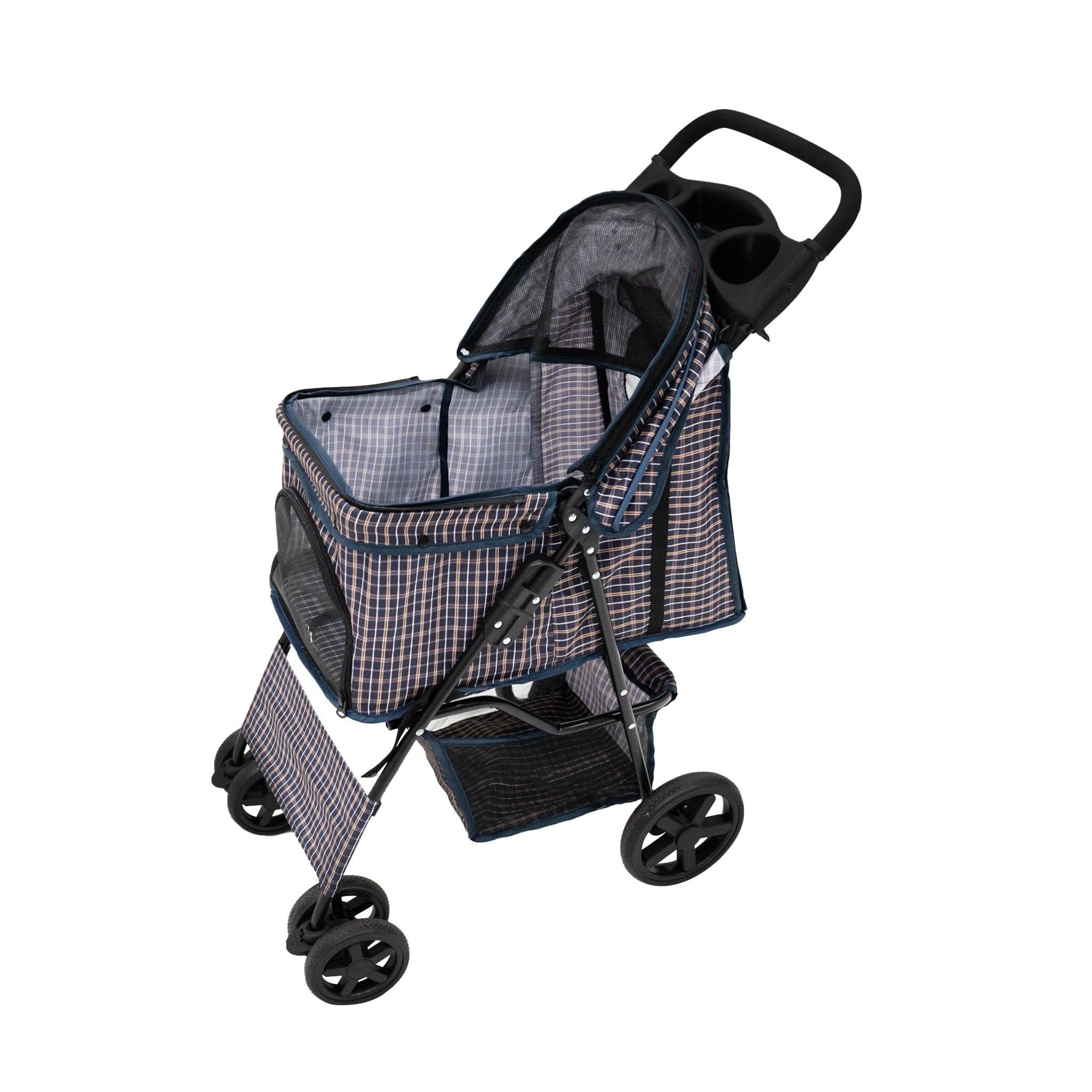 Monstershop Pet Stroller with Rain Cover – Blue Tartan | Size: 65cm