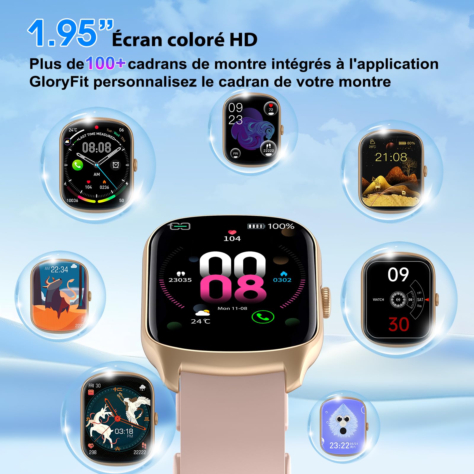 Montre Connectée Femme Homme, avec Appel Bluetooth, 1.95"HD Ecran Incurvé Smartwatch, 110+ Sportifs Montre Podomètre, Sommeil/Cardiofrequencemetre Montre Sport, IP68 Étanche pour Android iOS, Rose