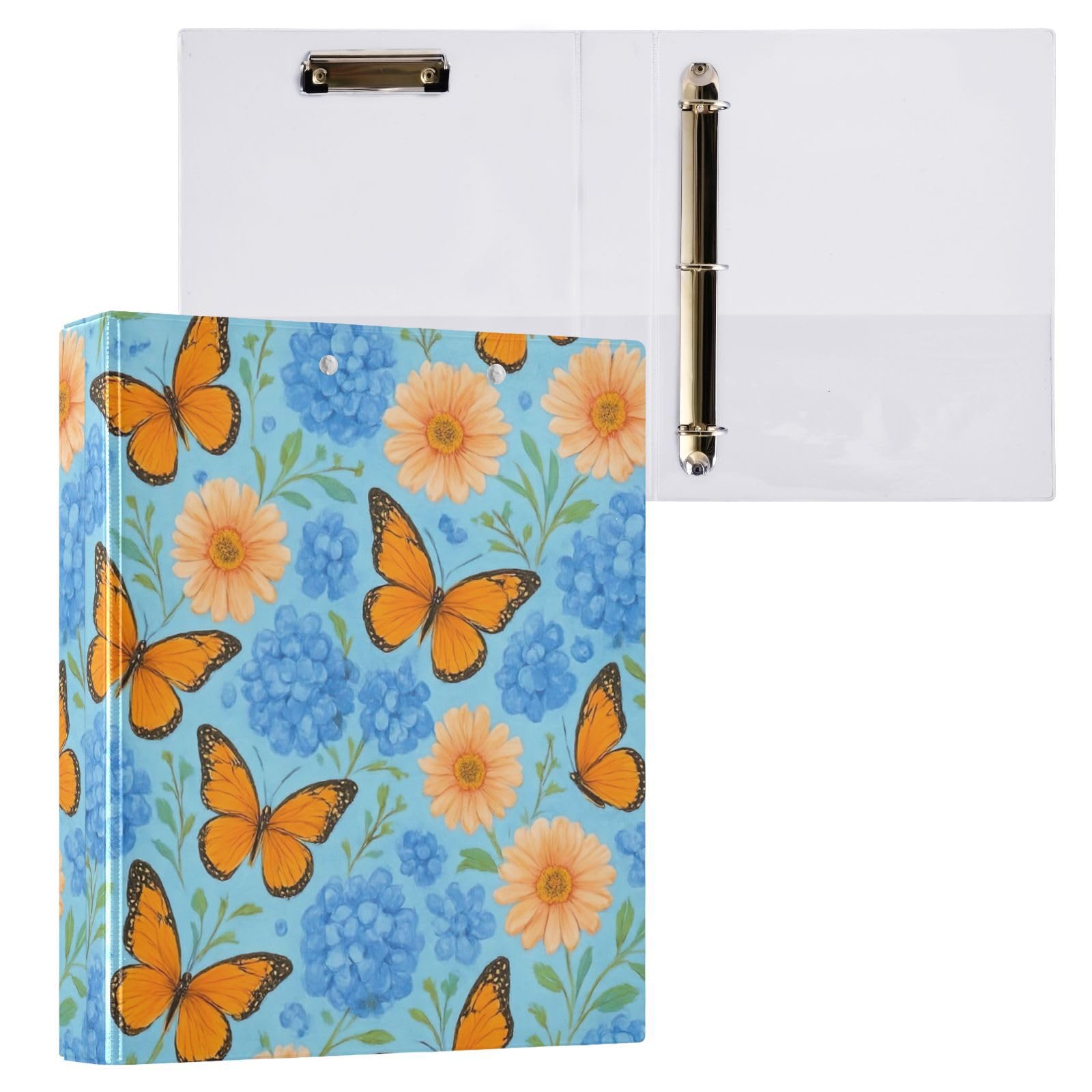 Carpeta de 3 anillos, carpeta de anillos en D de mariposas naranjas, paquete de 2 | Con portapapeles y bolsillos, para escuela, universidad, oficina