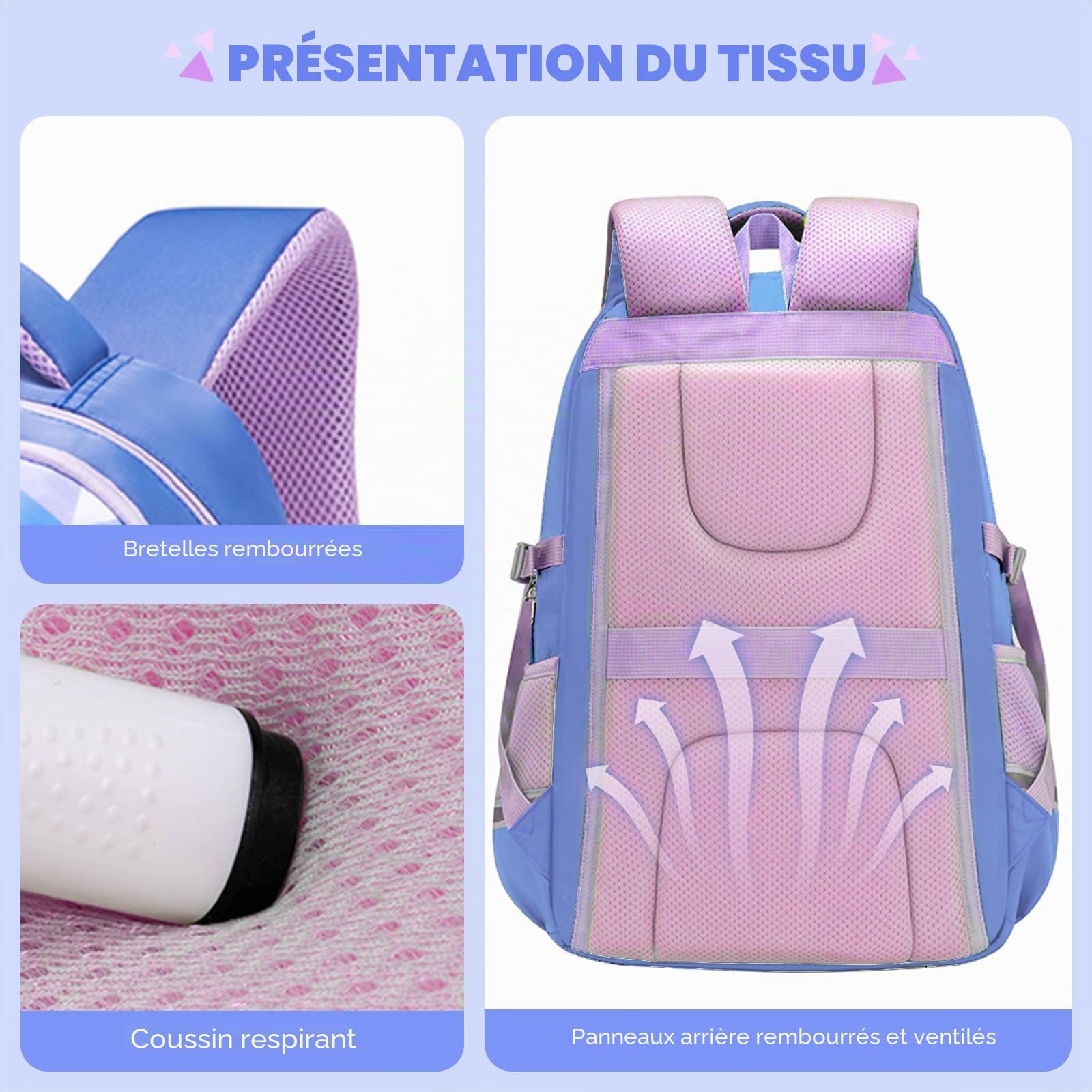 Amythe Cartable École Ados Filles 8 à 15 ans Collège Grand 46L, Bleu Clair | Imperméable Réfléchissant Léger Ergonomique Bleu Clair Daypack Multi-Poches Spacieux Robuste pour École Voyage Randonnée