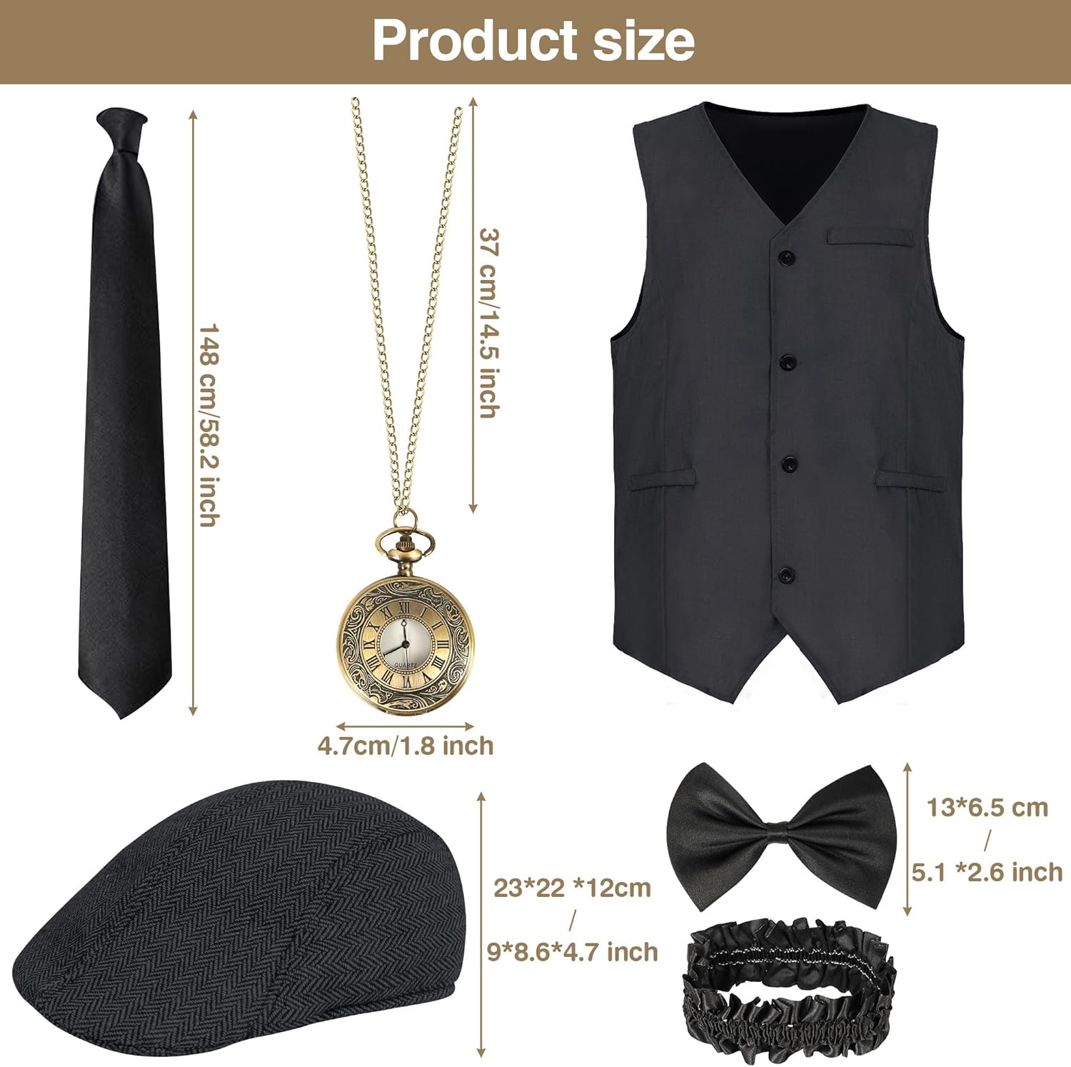 Drofe 1920s Mens Costume,Roaring 20s Costumes for Men,1920s Mens Outfit Vest Hat Pocket Watch Tie Armband - Image 2