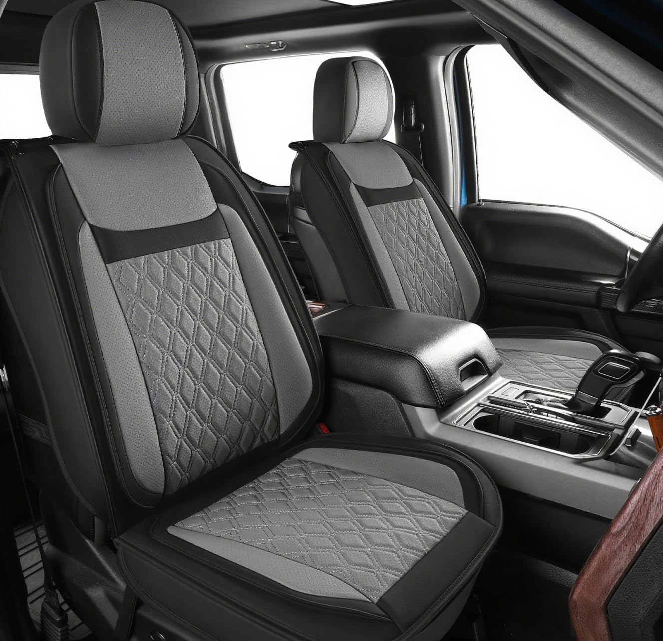 Truck Seat Covers Compatible with Ford F-150 2009-2025 XL XLT Lariat King Ranch Platinum Tremor Pickup Faux Leather Cushion Protector Fit Ford F150 Crew Cab(Black+Gray, Front Seat)