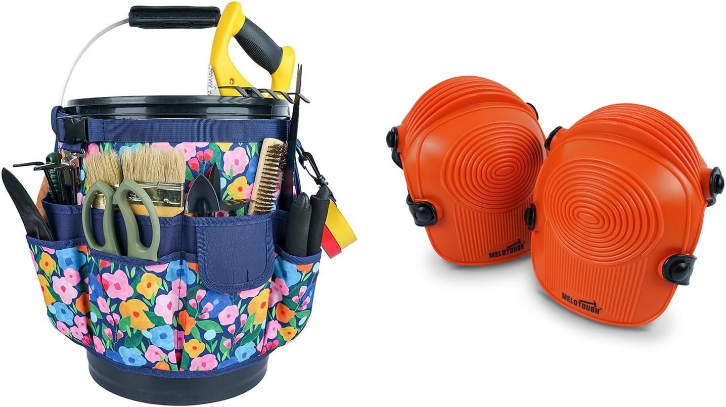 MELOTOUGH Bucket Idea Bucket Tool Organizer for Garden Tools Fit 3.5 to 5 Gallon Bucket,Work Knee Pads for Men Women Construction, Flooring, Roofing - Comfortable and Non Slip(Blue Flower & Orange)