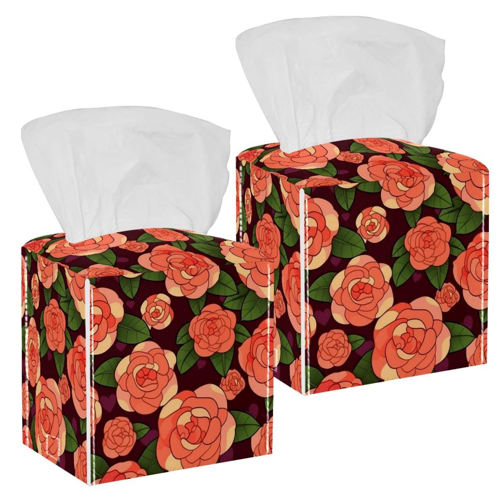 Camellia Pretty Print Tissue Box Cover, 2 Pack PU Leather Square Facial Tissue Dispenser Box holder for Home Office Car