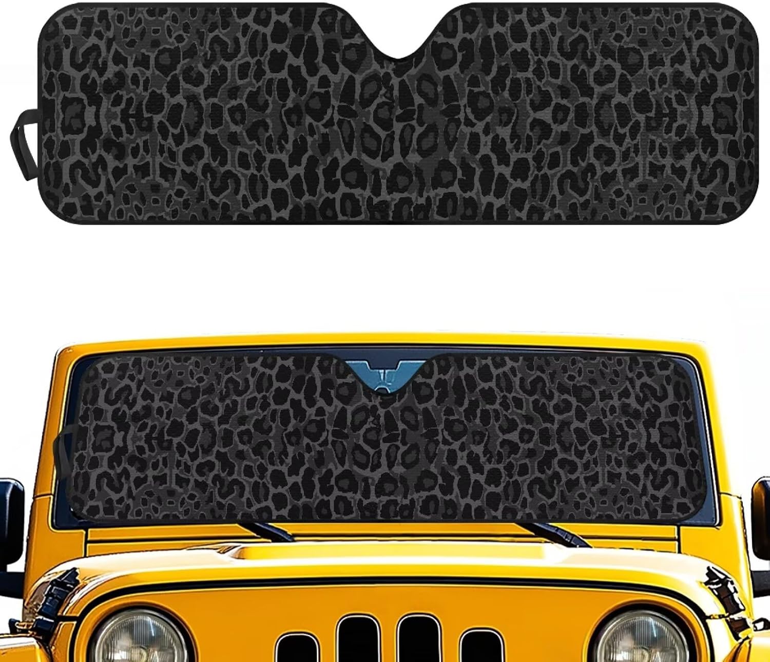 Pensura Windshield Sun Shade for Jeep Wrangler JL 2/4 Door, Front Window Sun Sunshade Windshield for 2024 2025 Jeep Wrangler 4XE, Black Leopard Print Sunshade Heat Shield Blocks UV and Heat