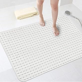 Extra Wide 88x58CM Non-Slip Soft Bath Mat Anti Slip TPR Shower Mat with Strong Suction Cups Non Skid Mats for Bathroom Toilet Hotel, Anti-Bacterial Safety Bathtub Mat,White