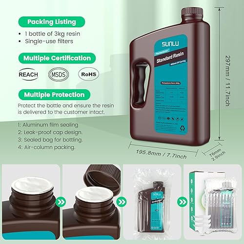 Vista 13 de SUNLU Resina de impresora 3D de 2.2 lbs, resina 3D estándar de curado rápido para impresoras 3D LCD DLP SLA, resina de fotopolímero líquida de 35.27