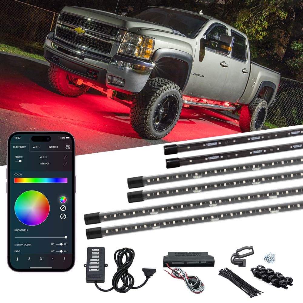 LEDGlow 6pc Bluetooth Million Color Truck LED Underbody Underglow Accent Lighting Kit - Smartphone App - Courtesy Lights - Multi-Color, Water Resistant Tubes - for Midsize & Full Size Trucks