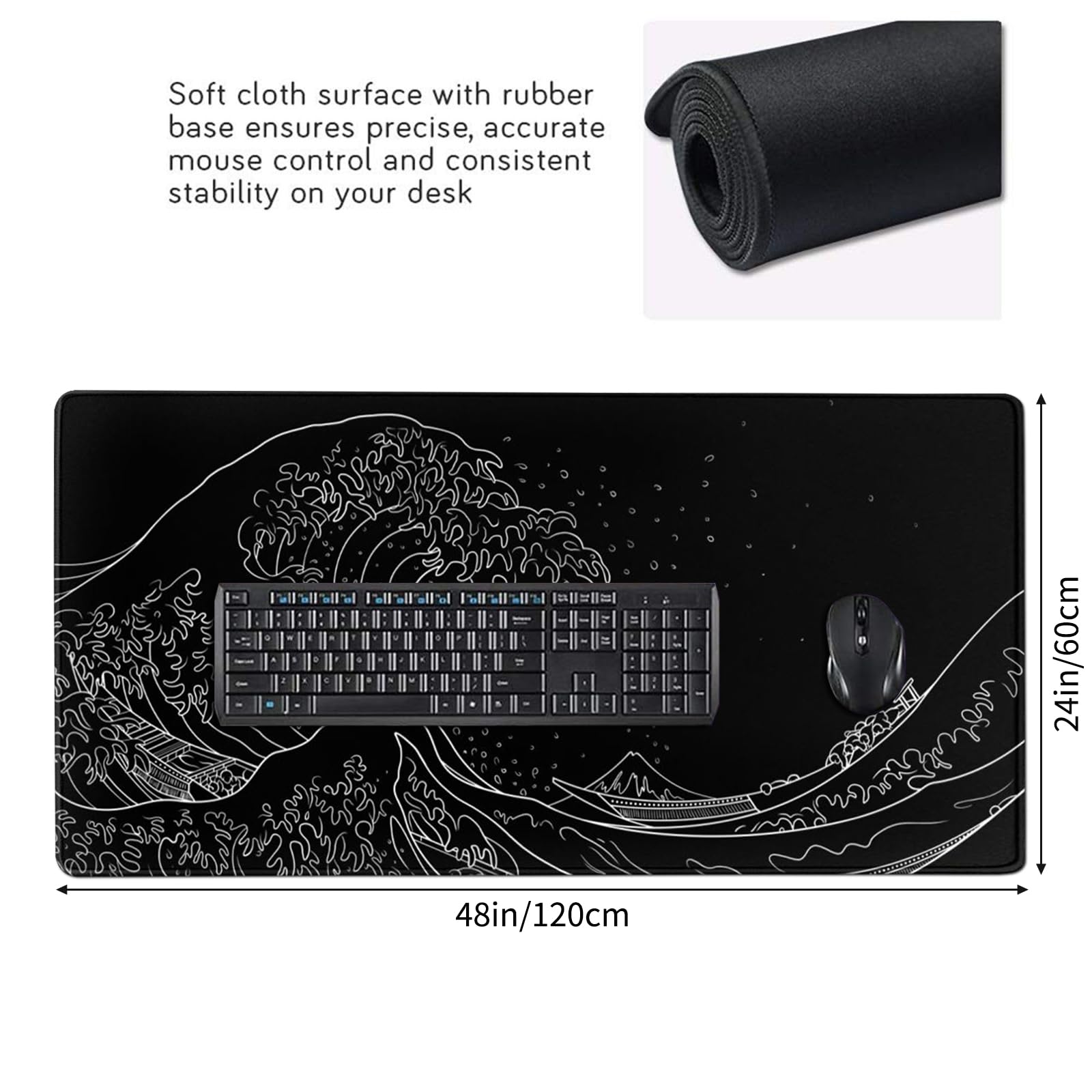 Tappetino per mouse extra large 122 x 61 cm, motivo onde marine giapponesi, tappetino da scrivania impermeabile | Tappetino per mouse con base in gomma antiscivolo con bordi cuciti per lavoro, gioco, ufficio, casa (nero, XXXXL)