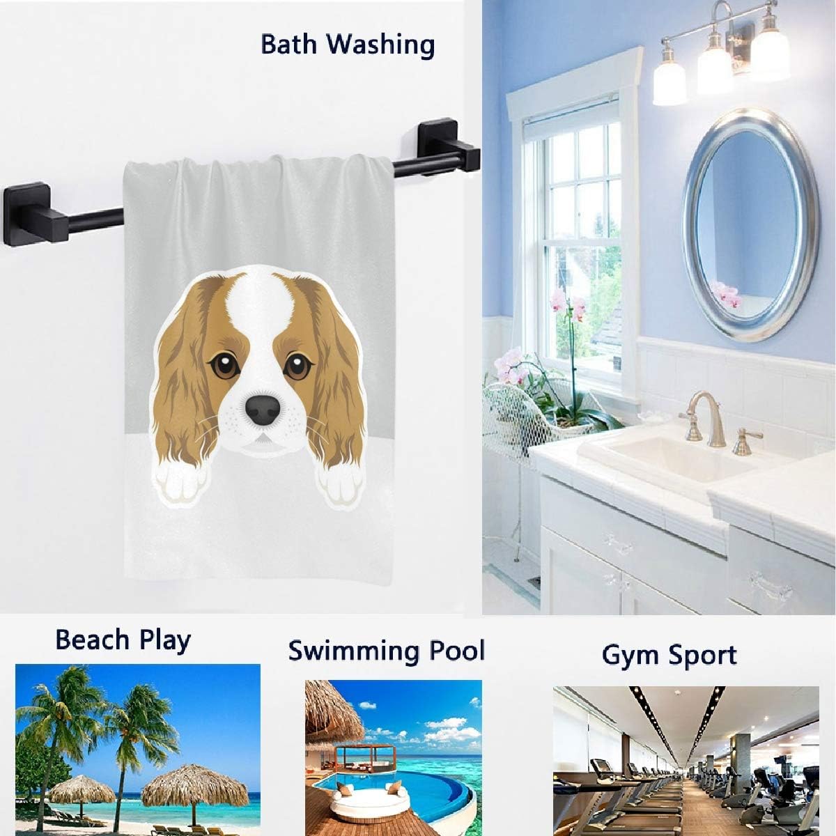 Naanle Cute Cartoon Cavalier King Charles Spaniel Dog Print Soft Absorbent Guest Hand Towels for Bathroom, Hotel, Gym and Spa (16 x 30 Inches,Gray) image 2