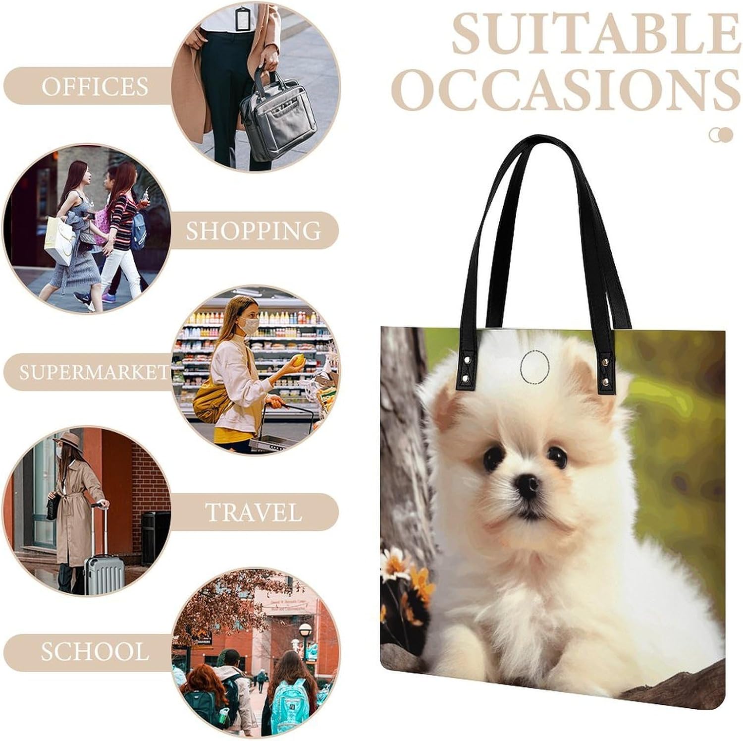Cute Dog6 Handbags Large Capacity, Tote Bag Stylish Slouchy, Shoulder Bags for Work Beach Travel And Shopping Grocery.