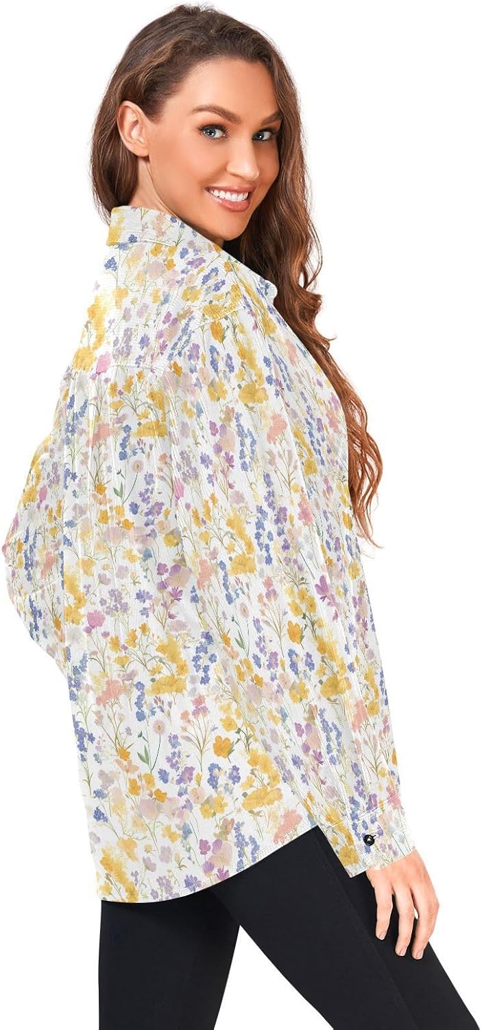 Colorful Wildflowers Pattern Women Men Slim Fit Rugby Shirts Party Long Sleeve Business Work Tops