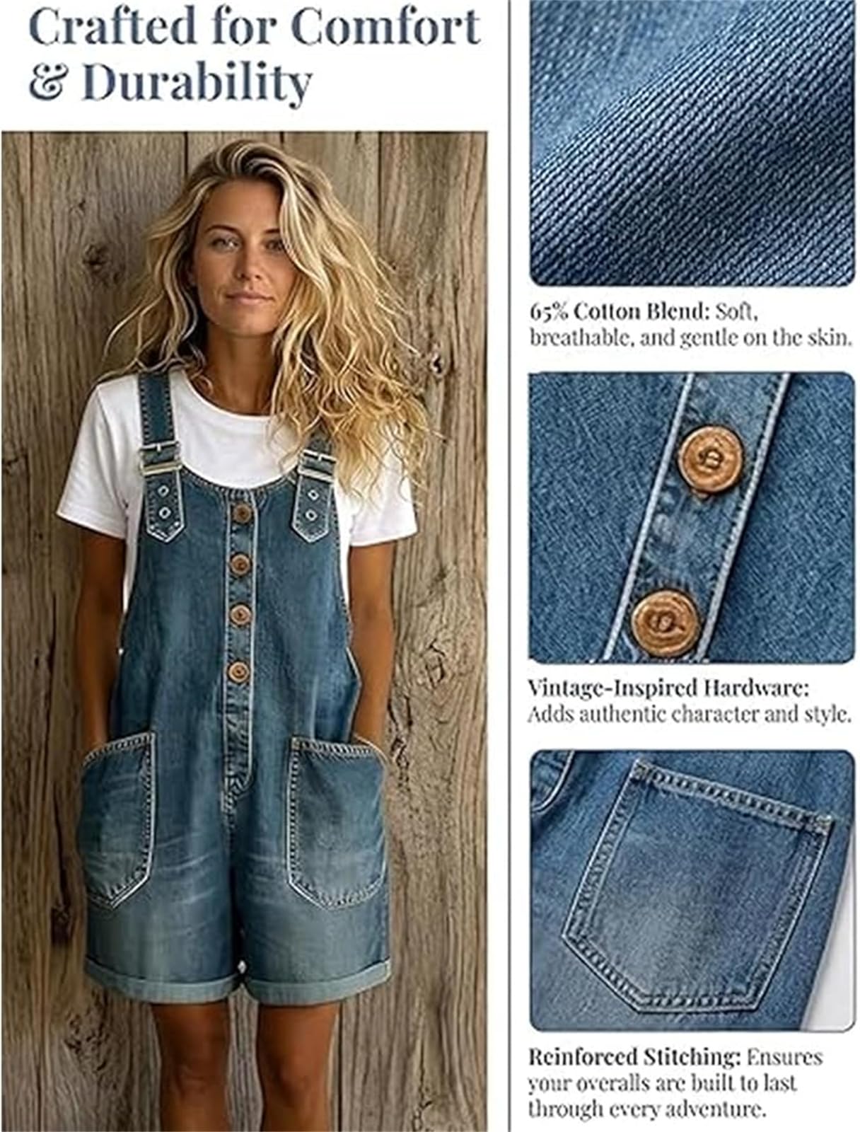 Damen Jeans Latzshorts, Vintage-Locker sitzender Einteiler mit Knopfleiste vorne, verstellbaren Trägern und Taschen