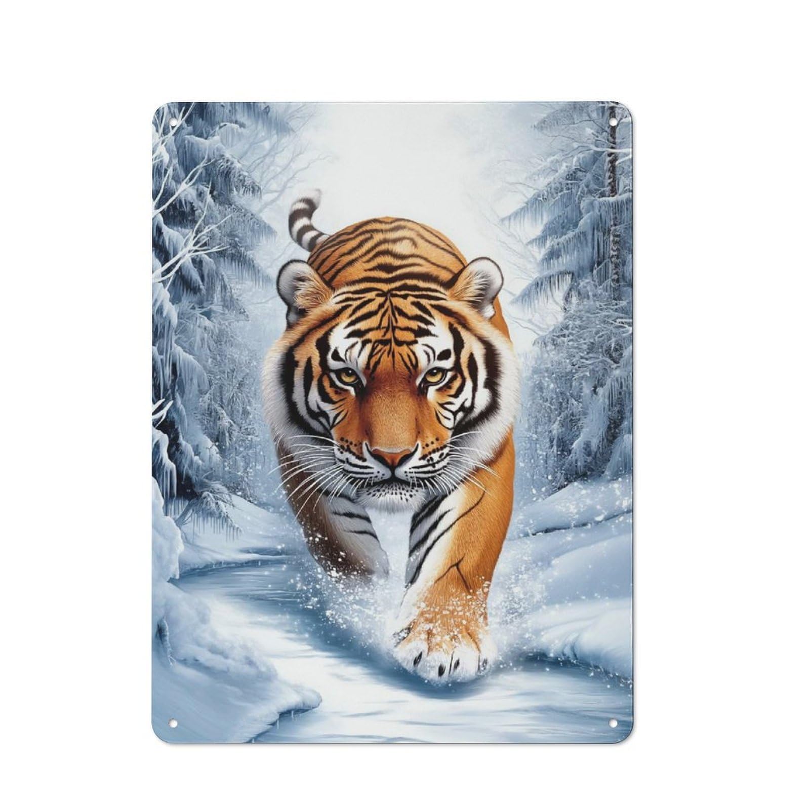 Siberian Tiger in Winter Printed Tin Plaque for Seasonal Kitchen, Dining Room Or Entrance, Festive Gift for Home Decor Lovers, 40x30cm