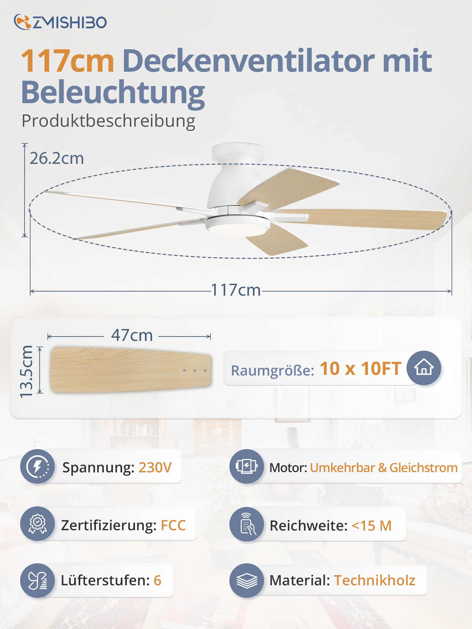 ZMISHIBO Deckenventilator mit Beleuchtung Ø117 cm,Leiser & Reversibler DC-Motor,Einstellbares LED 3000K-6000K,10-100% dimmbar,Ventilatorlampe mit Fernbedienung/App,6 Geschwindigkeiten für Schlafzimmer
