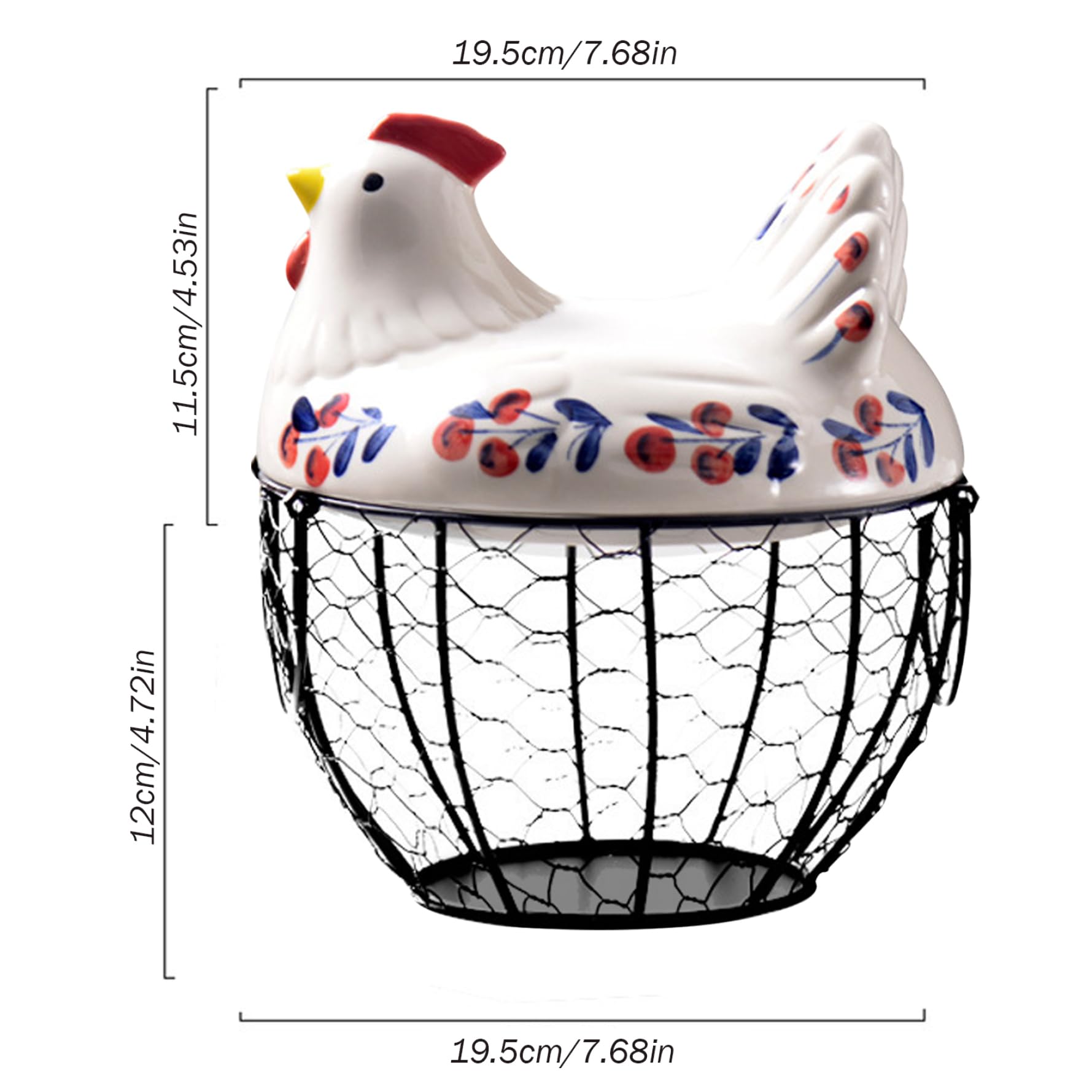 Soporte de huevo de gallina de cerámica, cesta de alambre hueco con base no deslizante y tapa, organizador de encimera para recoger huevos frescos
